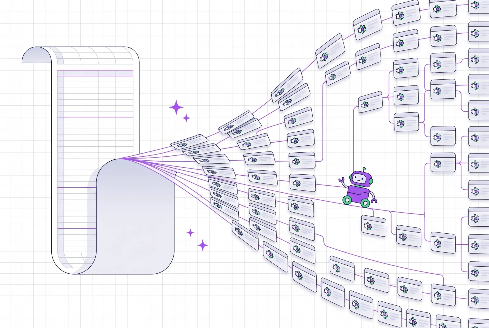 Eine Tabelle verwandelt sich in ein Raster aus Hunderten kleiner Webseiten-Karten, verbunden durch einen Sitemap-Baum, auf dem ein Crawler-Roboter entlangläuft