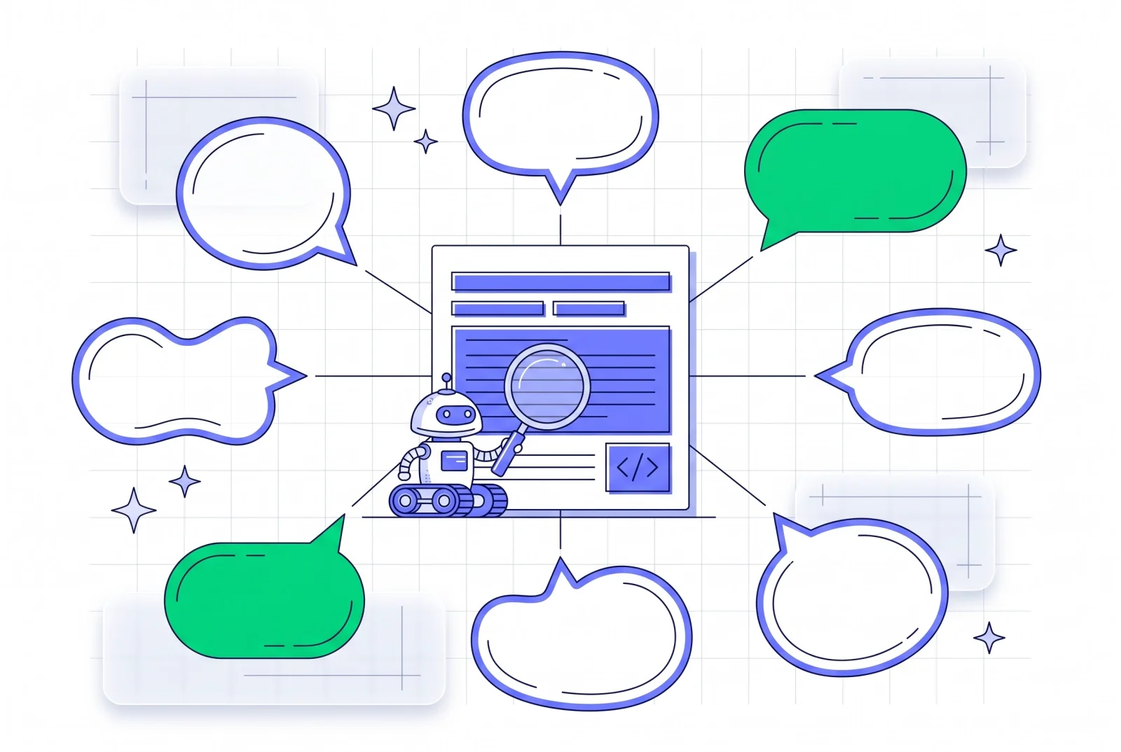 Eine Webseite in der Mitte, von der Linien zu neun Chat-Assistenten-Blasen ringsum führen, dazu ein kleiner Crawler-Roboter, der die Seite liest