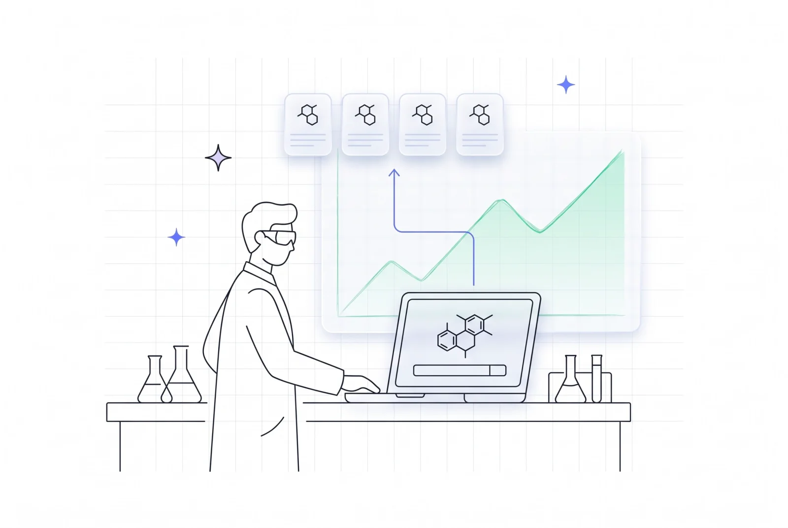 Ein Chemiker an der Laborbank vor einem Laptop, auf dem eine Molekülstruktur und ein Suchfeld zu sehen sind, dahinter steigen Webseiten-Karten aus dem Bildschirm auf und eine Kurve klettert nach oben